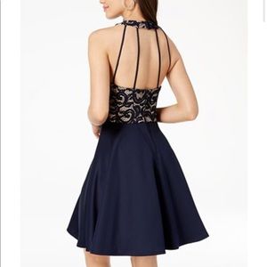 Juniors' Strappy Lace Halter Fit & Flare Dress